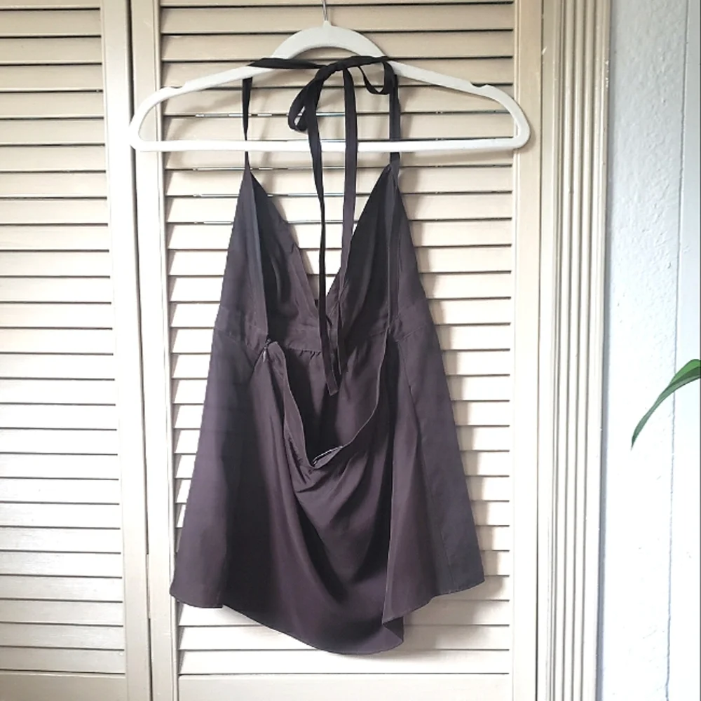 🌱 Theory Vintage Sweetheart Peasant Halter Top 100% Silk Brown Sz Small - Picture 3 of 8